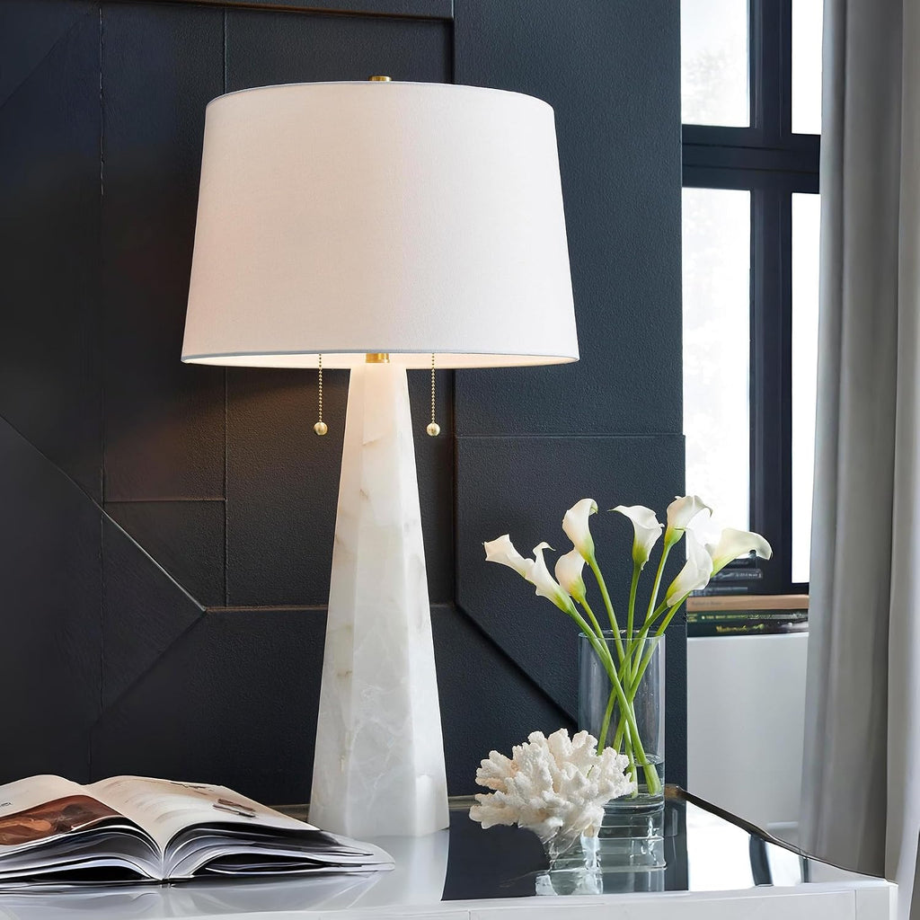 Signature Design by Ashley Laurellen Alabaster Table Lamp, Dual Pull Chain | White stone resin blend, 60W max per socket, Marble table lamp alternative, Luxe modern bedroom decor, 90-inch power cord