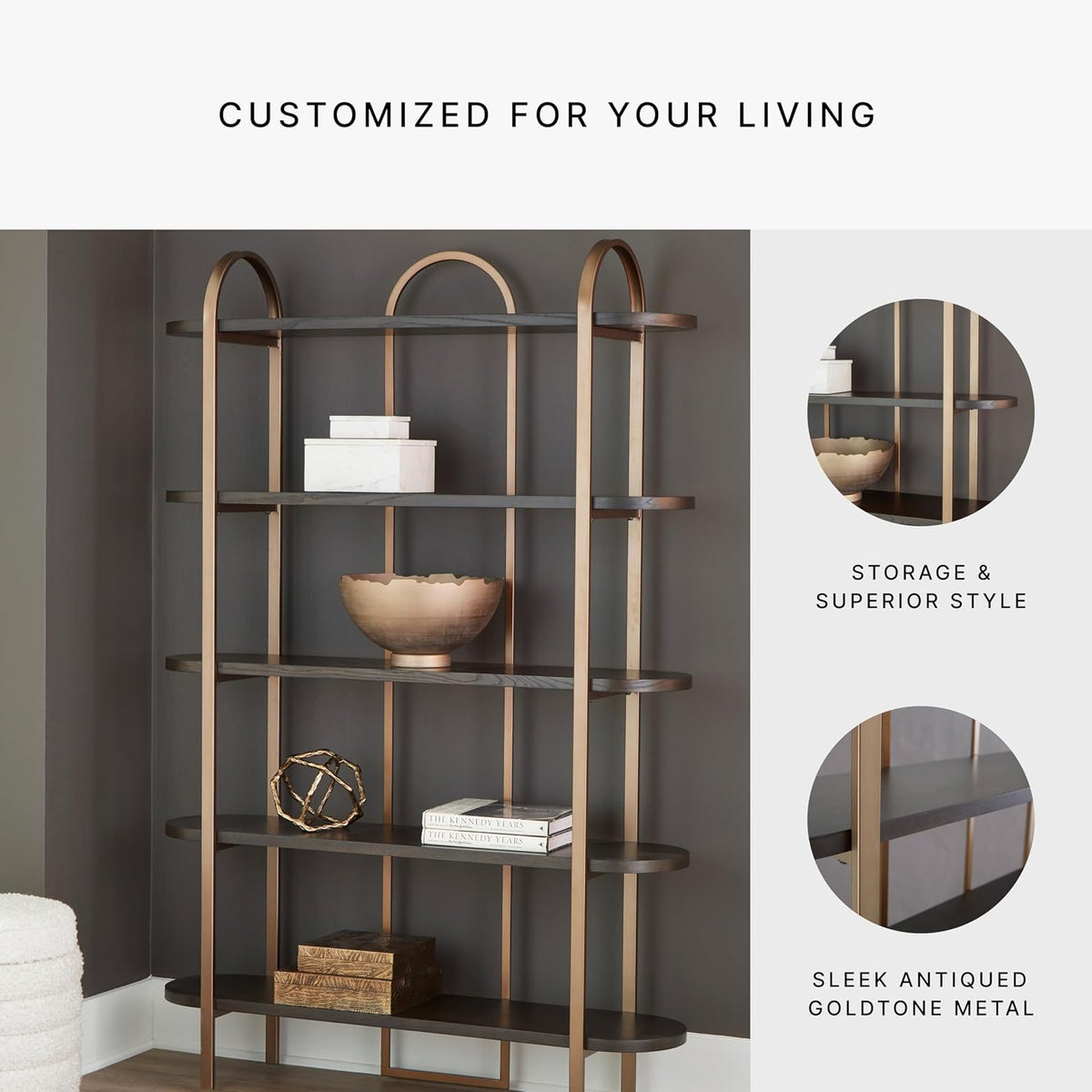 Signature Design by Ashley 5-Shelf Etagere Bookcase, Antiqued Gold | Antiqued goldtone metal frame, Ash veneer and engineered wood shelves, 48-inch wide open design, 72-inch height, Brentmour
