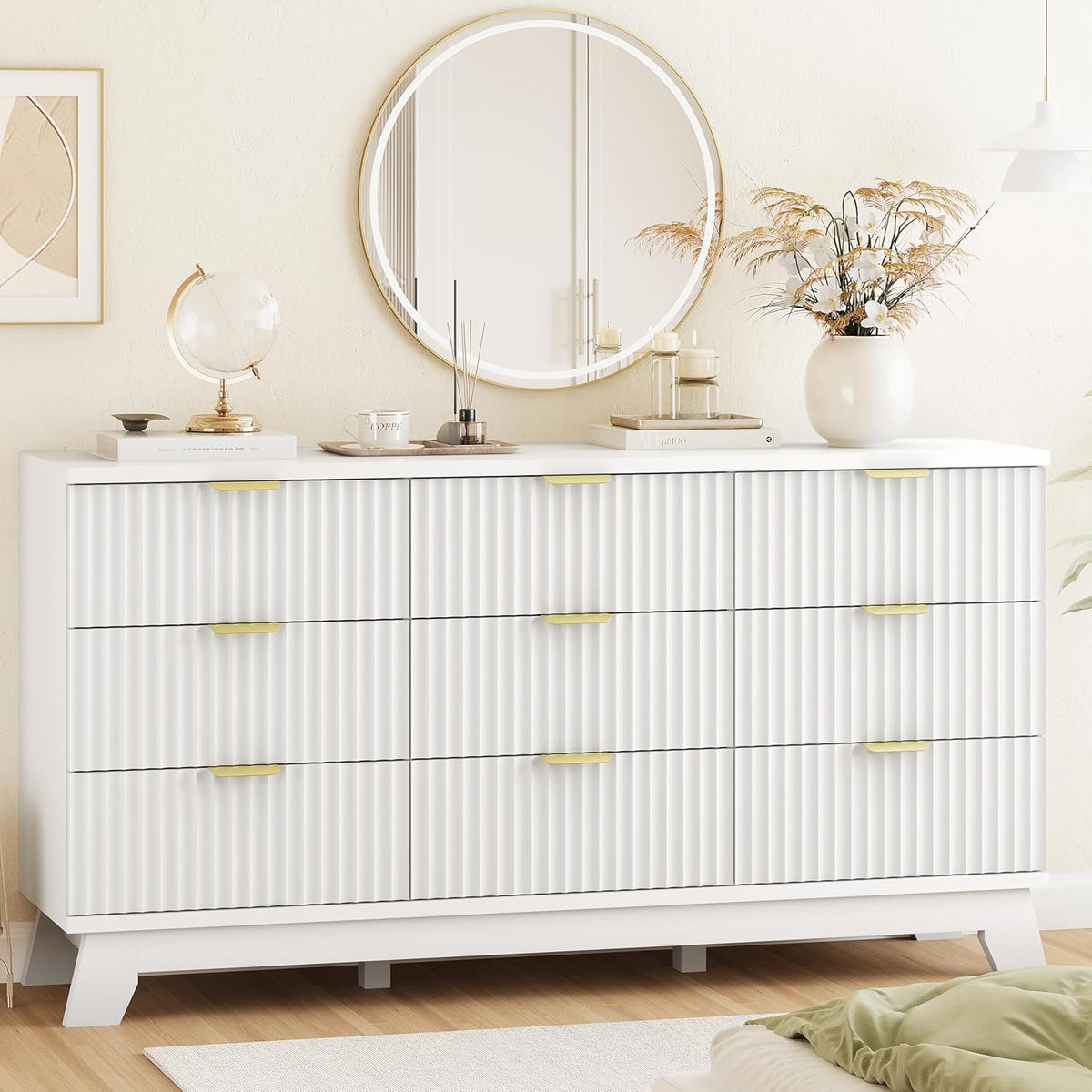 Xixini Fluted Dresser for Bedroom with 9 Drawers, 57" Wide Modern Chest of Drawers with Metal Handle, Wooden Dresser TV Stand, Wood Closet Clothes Storage Organizer for Living Room, Hallway, Walnut