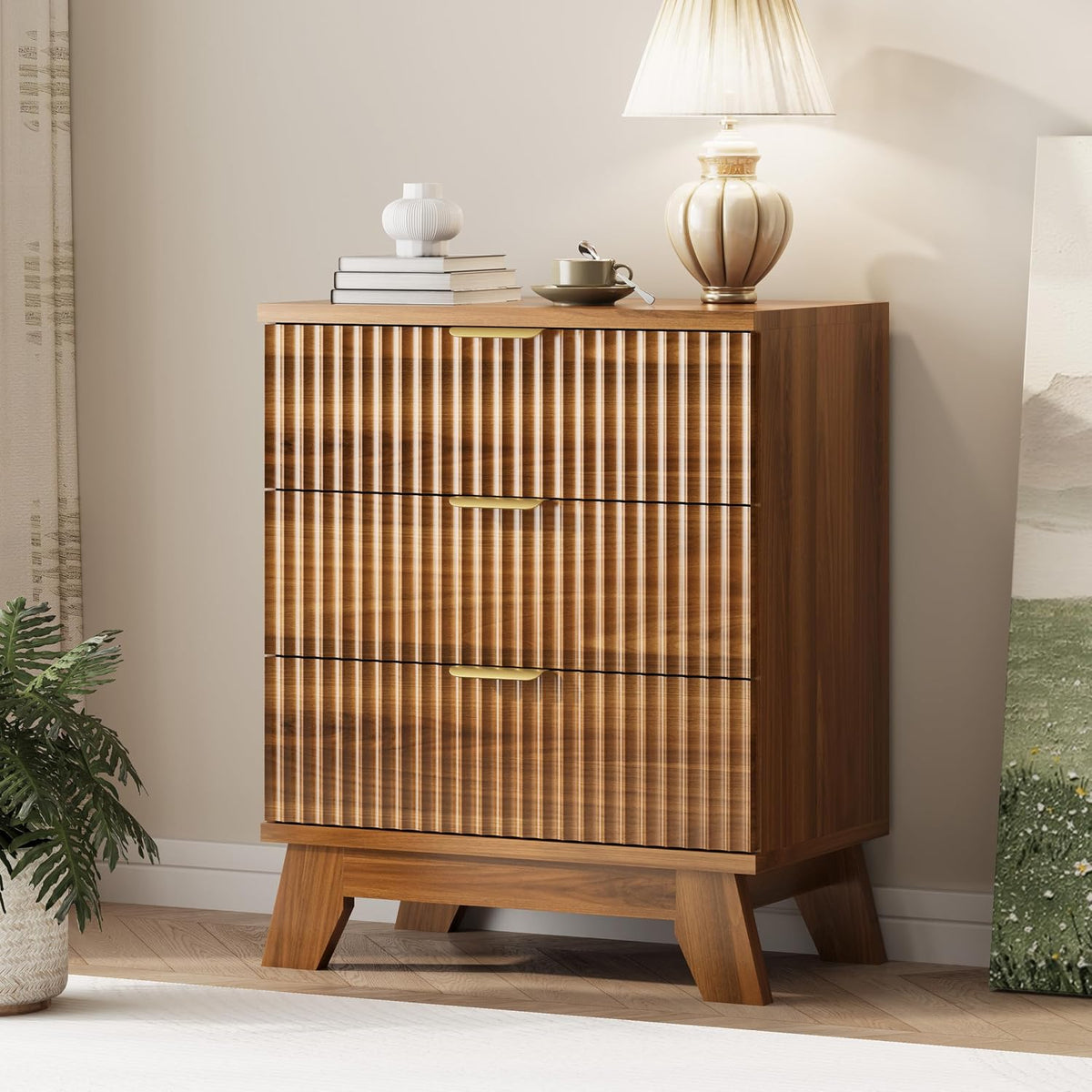 Xixini Fluted Dresser for Bedroom with 9 Drawers, 57" Wide Modern Chest of Drawers with Metal Handle, Wooden Dresser TV Stand, Wood Closet Clothes Storage Organizer for Living Room, Hallway, Walnut