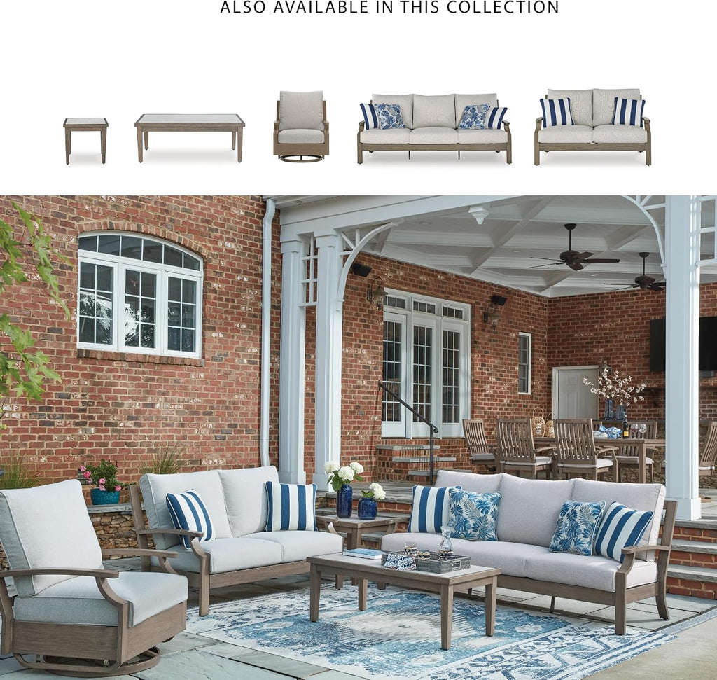Signature Design by Ashley Rainier Ranch 3-Seat Outdoor Sofa, Beige | Rust-resistant wood-look aluminum frame, UV-resistant Nuvella+ cushions, 3-seat casual contemporary patio sofa
