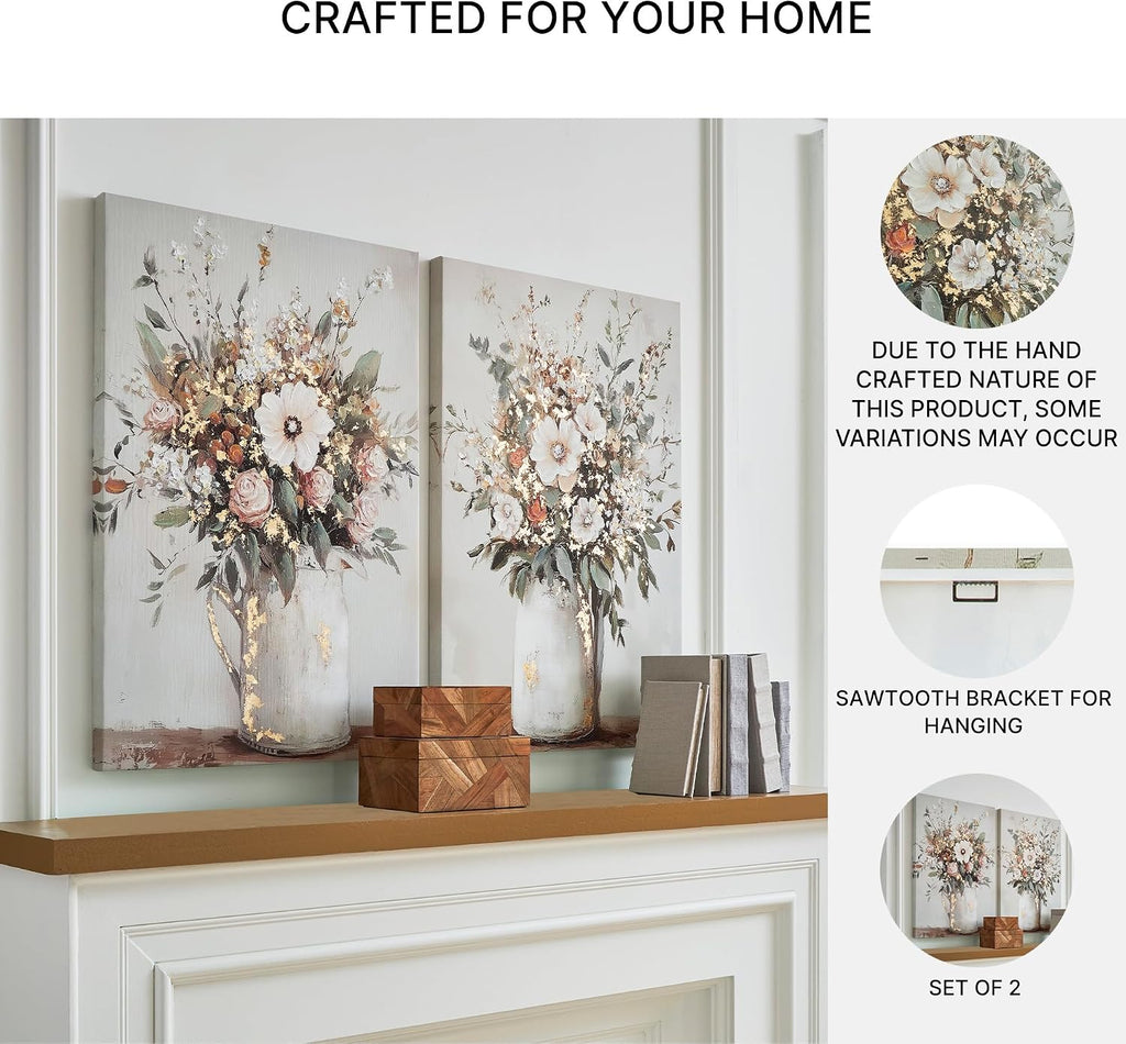 Signature Design by Ashley Floral Canvas Gallery Wall Art Sets | Unframed gallery wrapped canvas over wood, Hand painted textures with gold foil embellishments for living rooms, Faisaldon