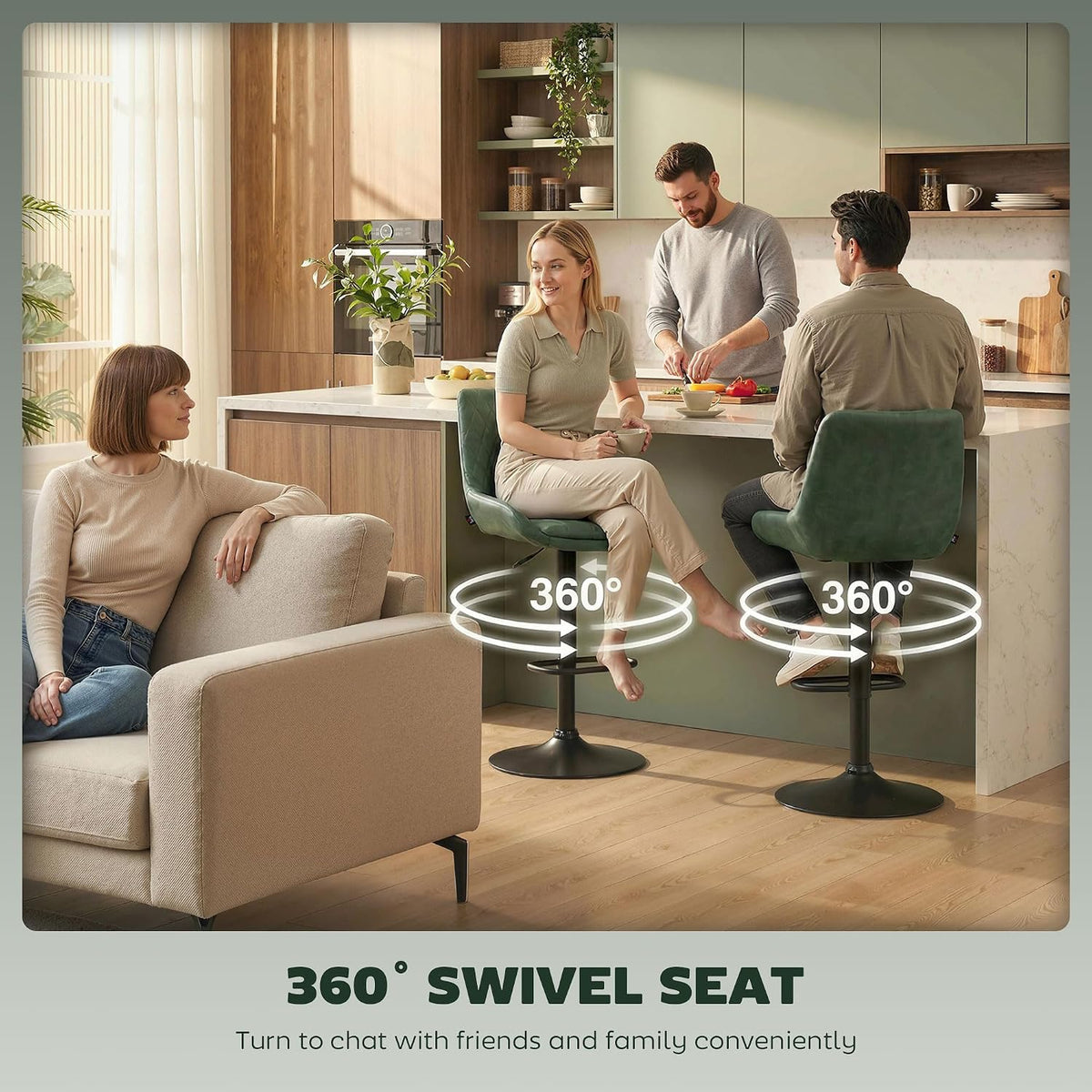 HOMCOM Bar Stools Set of 2 w/ 51x40 cm Wide Seat, Large Base, Green