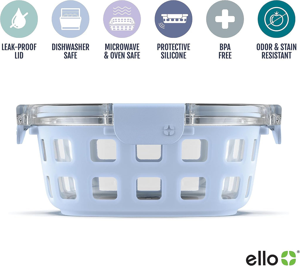 Ello Duraglass 4 Cup Glass Meal Prep Container with Lid, Halogen Blue