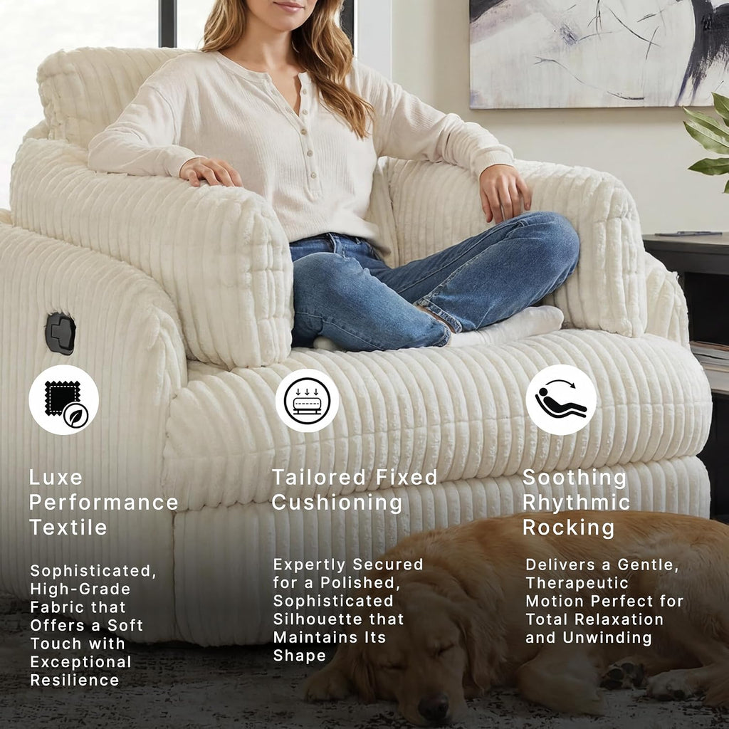 Signature Design by Ashley Oversized Swivel Glider Recliner, Ivory | Hidden armrest storage, Soft polyester cord, Smooth 360-degree rotation, Rocking chair motion, Tie-Breaker Series