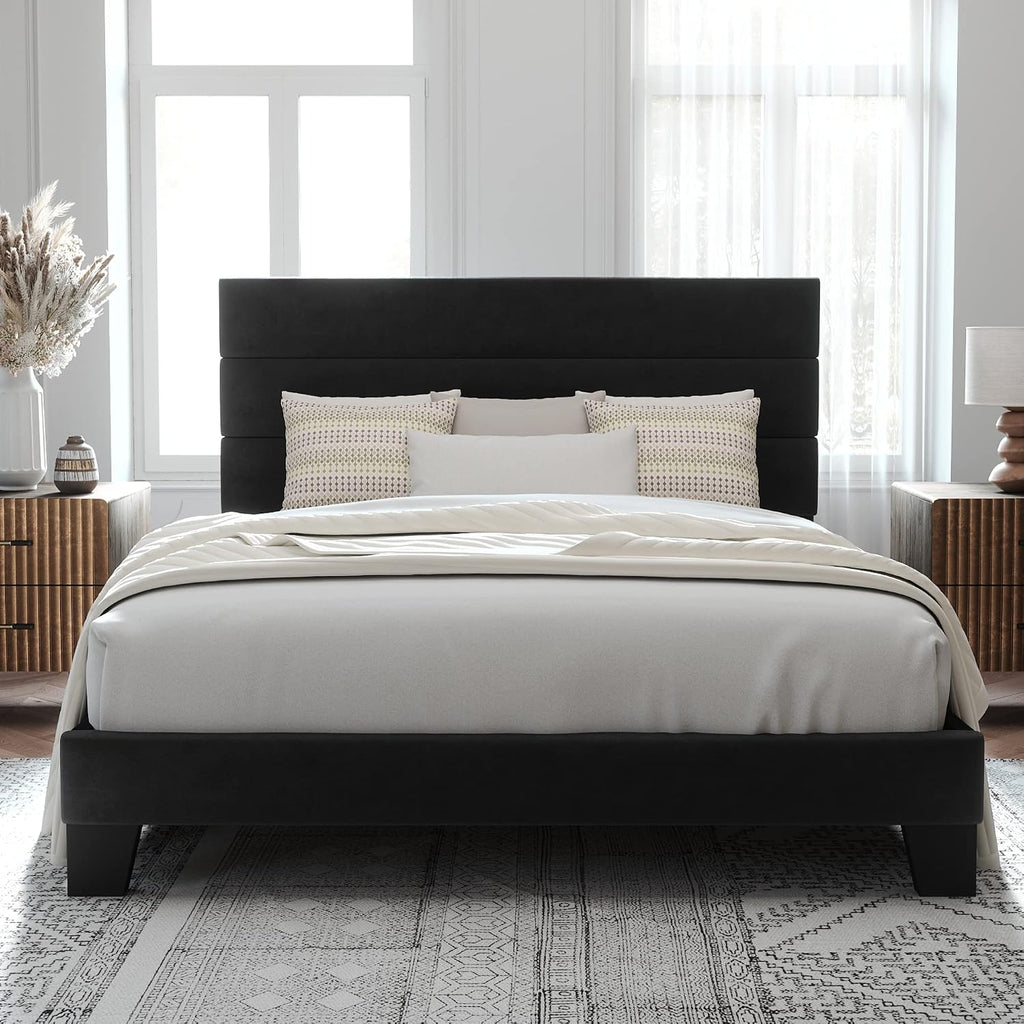 Allewie Queen Size Platform Bed Frame with Velvet Upholstered Headboard