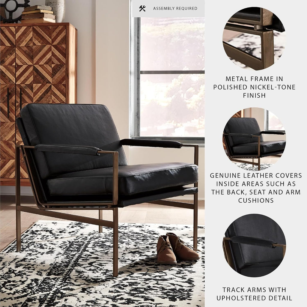 Signature Design by Ashley Puckman Modern Black Leather Accent Chair | Premium combination of leather and faux leather with polished nickel-tone frame, Urban industrial design