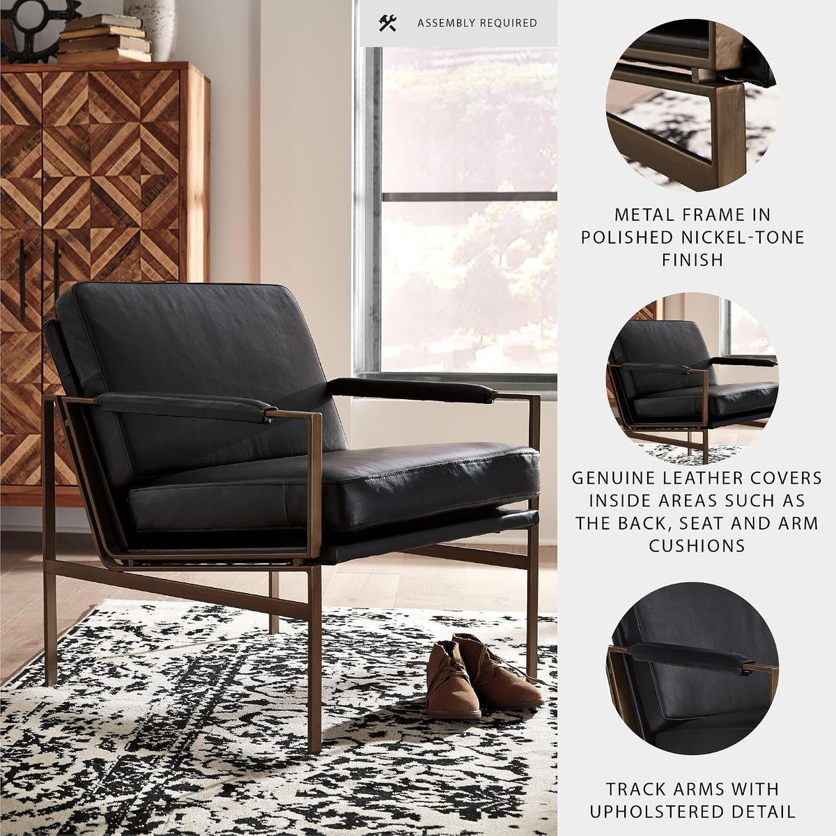 Signature Design by Ashley Puckman Modern Black Leather Accent Chair | Premium combination of leather and faux leather with polished nickel-tone frame, Urban industrial design