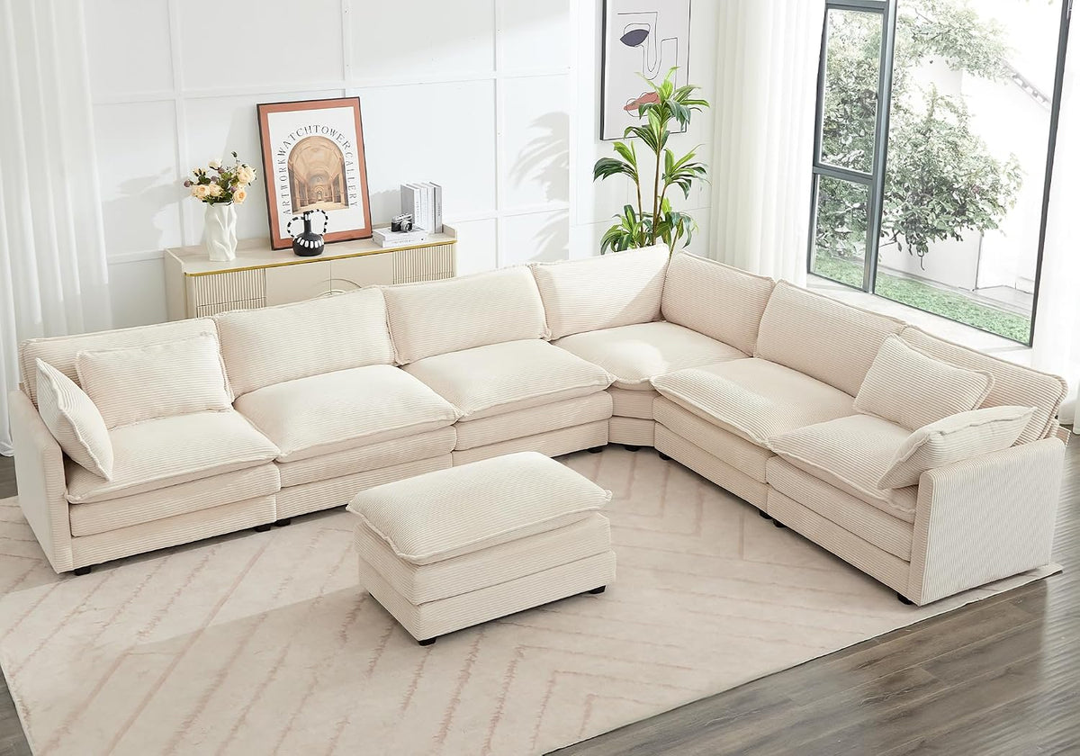 ROWHY 112'' Sectional Modular Cloud Couch, Oversized 5 Seat Couches U Shaped Sofa with 2 Movable Ottomans, 2 Throw Pillows, Upholstered Corduroy U Shape Comfy Deep Couches for Living Room, Beige