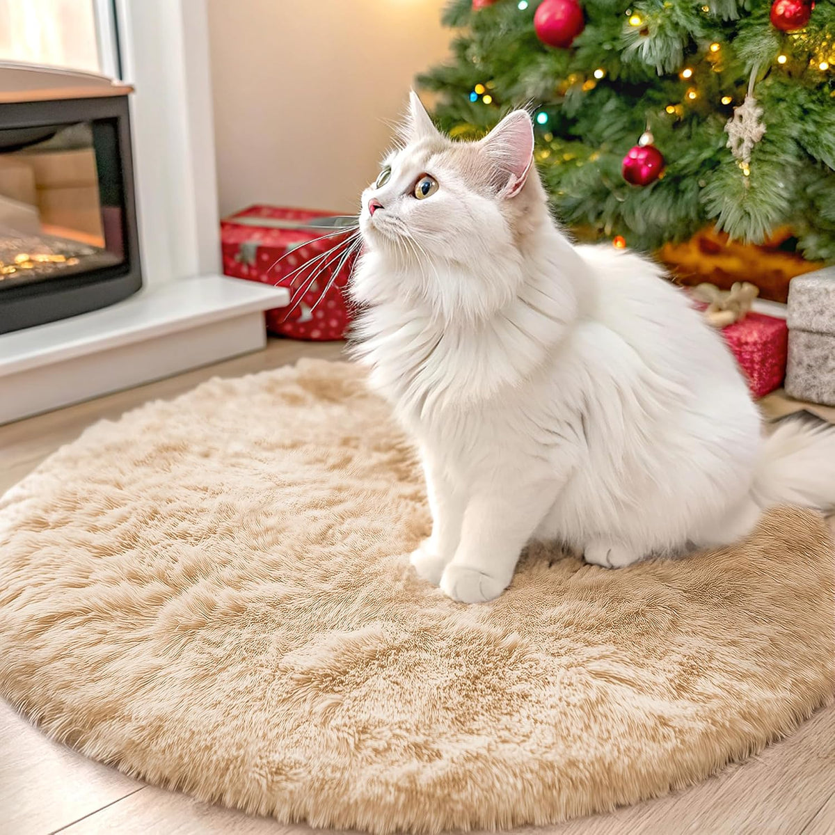 OLANLY Beige Round Rugs for Bedroom - Machine Washable, 4 ft Circle Area Rugs for Living Room, Soft and Fluffy Shaggy Carpet for Teen Girls and Boys, Nursery Rooms, Dorms, Home Decor Aesthetic