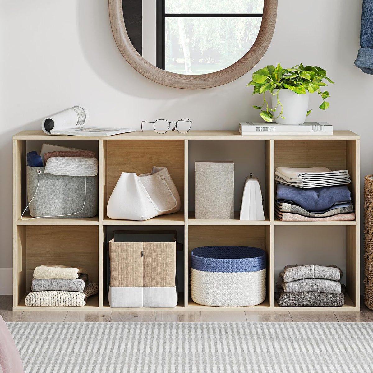 Signature Design by Ashley 8 Cube Storage Organizer Bookshelf, Light Brown | Durable engineered wood, Space-saving vertical 8-cubby floor mount, Fits standard 10.5-inch bins, Piperton Series