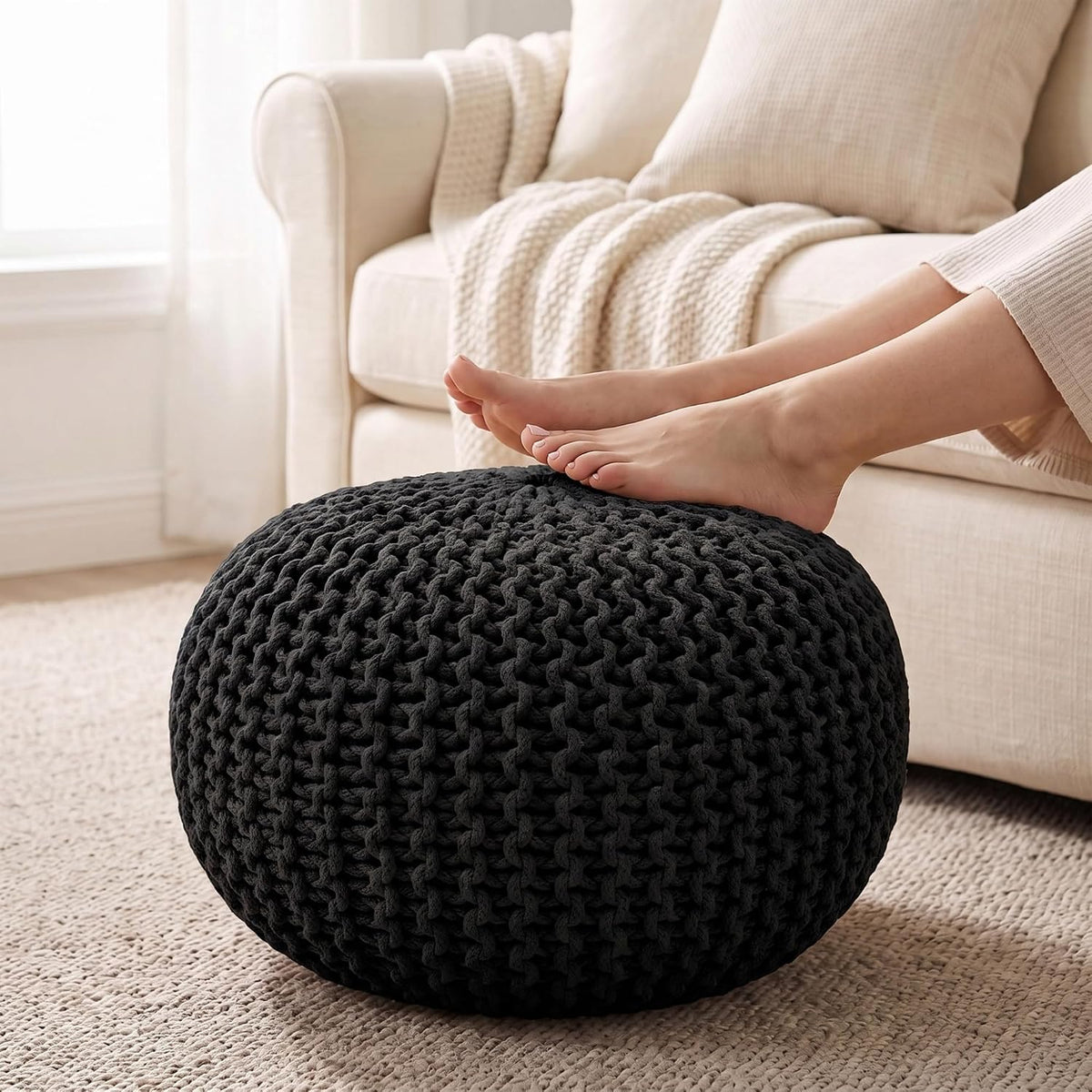 · REDEARTH · Round Pouf Ottoman - Hand Knitted Boho Poof Footrest - Ivory
