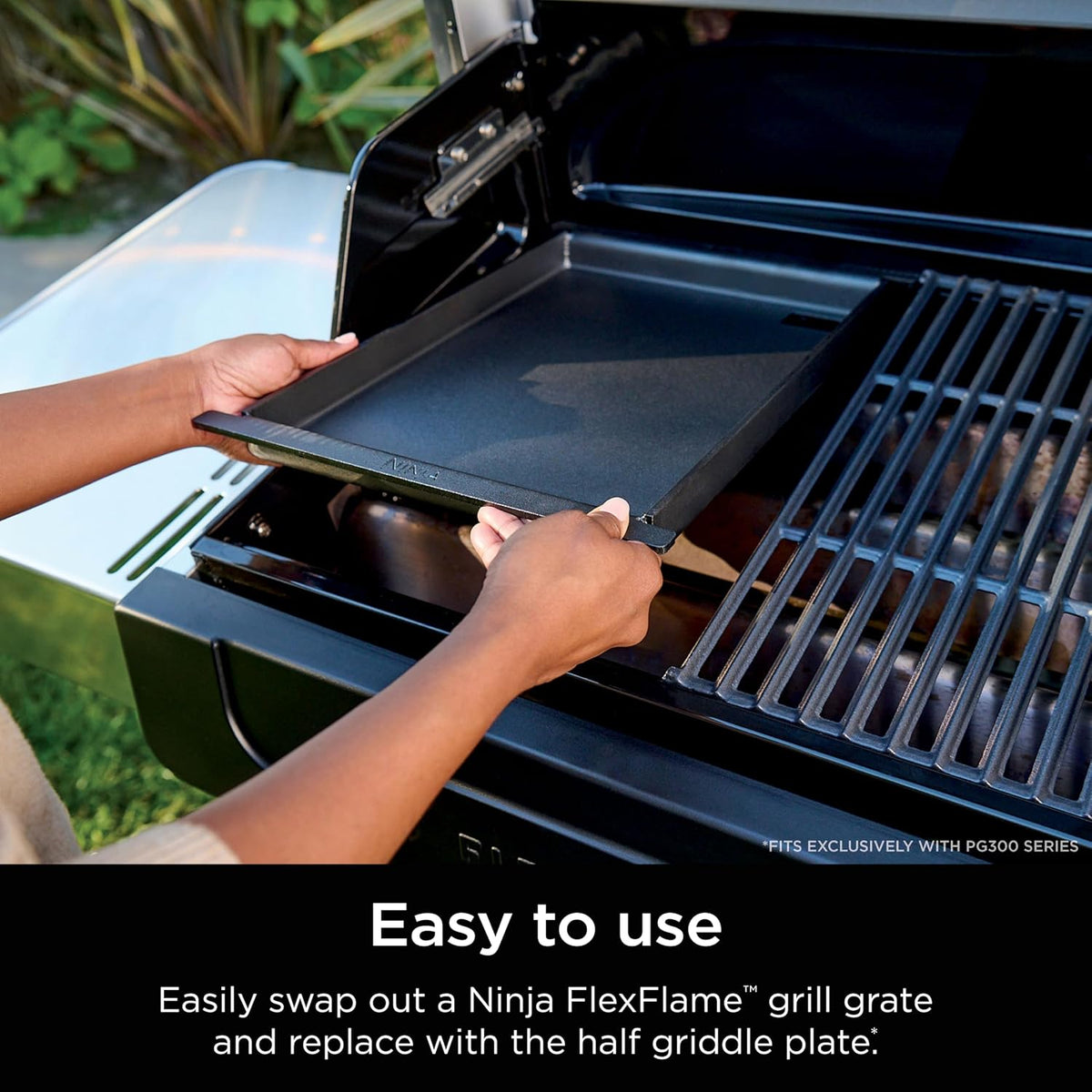 Ninja FlexFlame Half-Size Griddle with Grease Drain, XSKHLFGRIDLE | Rust-Resistant, Carbon Steel, Grill and griddle at once, fitting 6 smash burgers or 8 eggs.