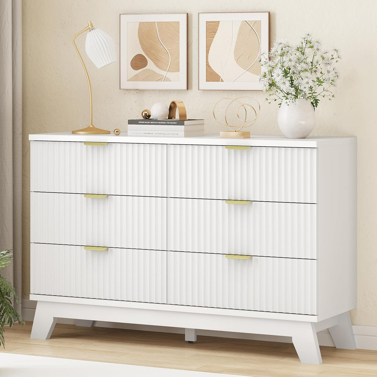 Xixini Fluted Dresser for Bedroom with 9 Drawers, 57" Wide Modern Chest of Drawers with Metal Handle, Wooden Dresser TV Stand, Wood Closet Clothes Storage Organizer for Living Room, Hallway, Walnut
