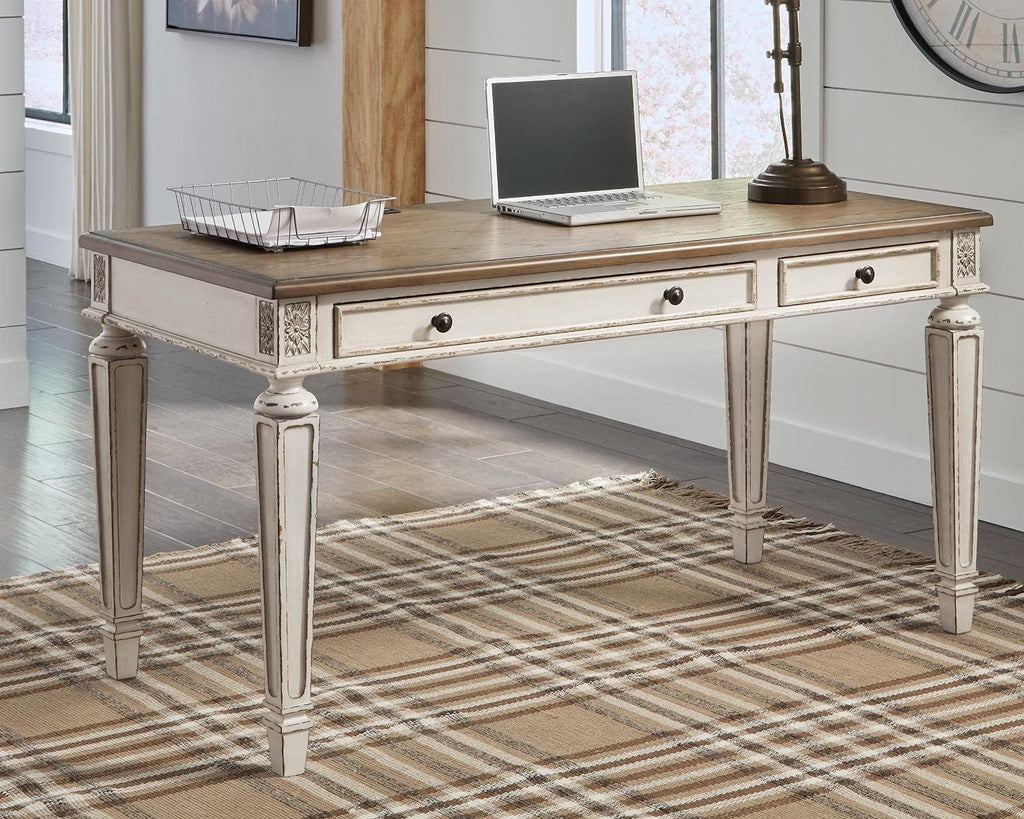 Ashley Realyn 60" Home Office Desk with USB Charging & Round End Table, Chipped White