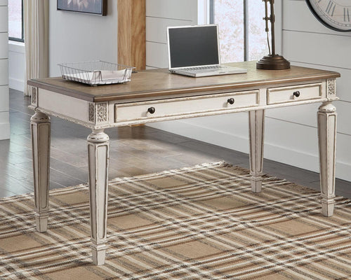 Ashley Realyn 60" Home Office Desk with USB Charging & Round End Table, Chipped White