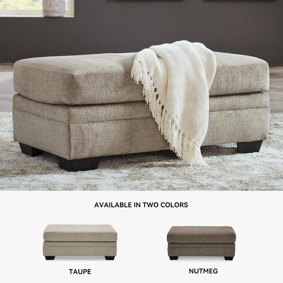 Signature Design by Ashley Stonemeade Rectangular Chenille Ottoman, Taupe | Plush taupe 100% polyester chenille, Instant setup with zero assembly required, Fits standard 32 in doorways