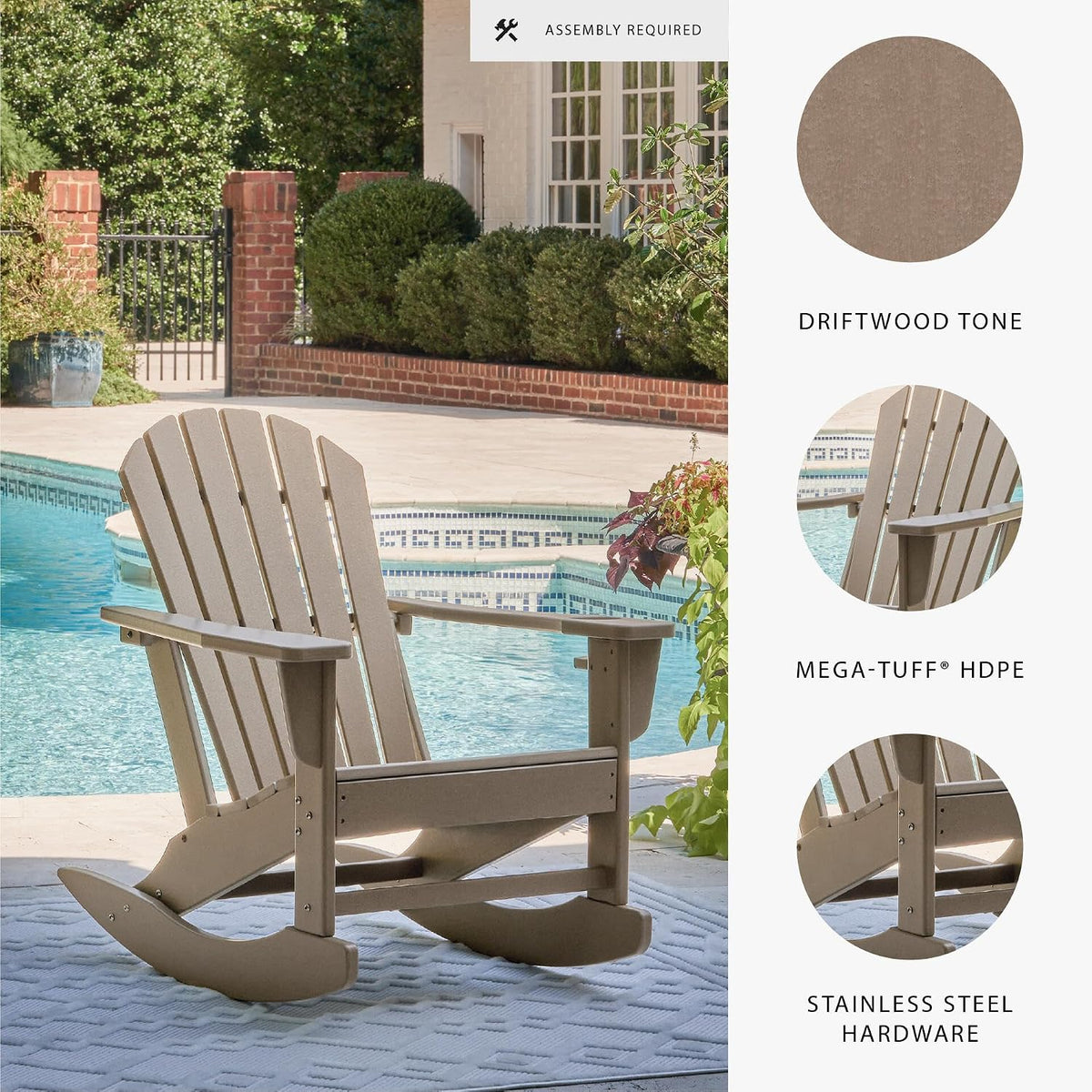 Signature Design by Ashley Sundown Treasure HDPE Outdoor Rocking Chair | All-weather HDPE resin Adirondack chair with built-in cup holder, Classic slat-back design for porches and patios