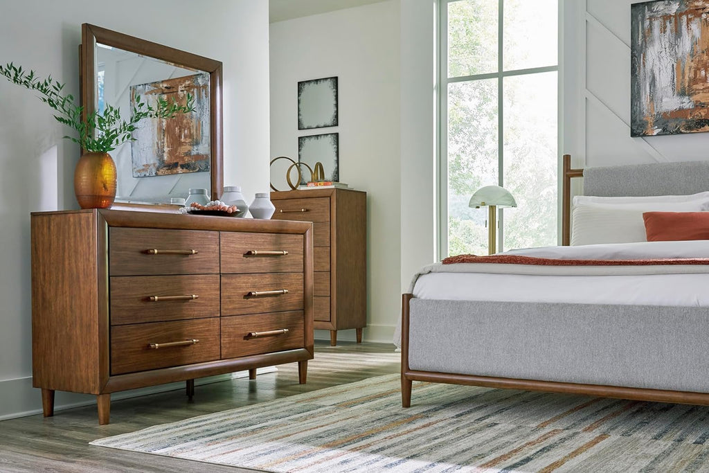 Signature Design by Ashley Mid Century Modern 6 Drawer Dresser for Bedroom | 6-drawer double dresser, Hardwood solids mango wood veneer and MDF substrates, Bedroom storage, Lyncott Series