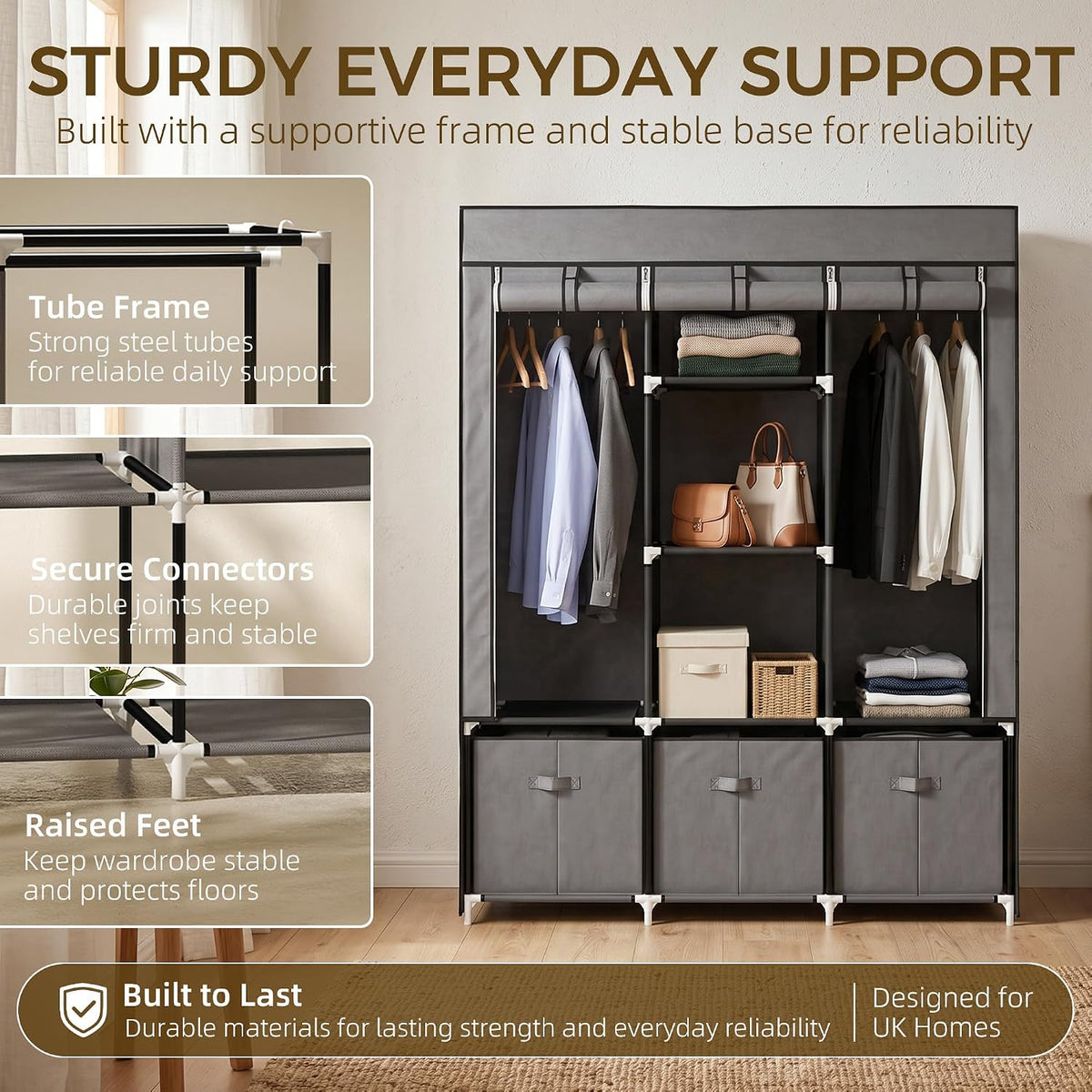 HOMCOM Fabric Wardrobe for Bedroom 5 Shelves 3 Fabric Drawers Dark Grey