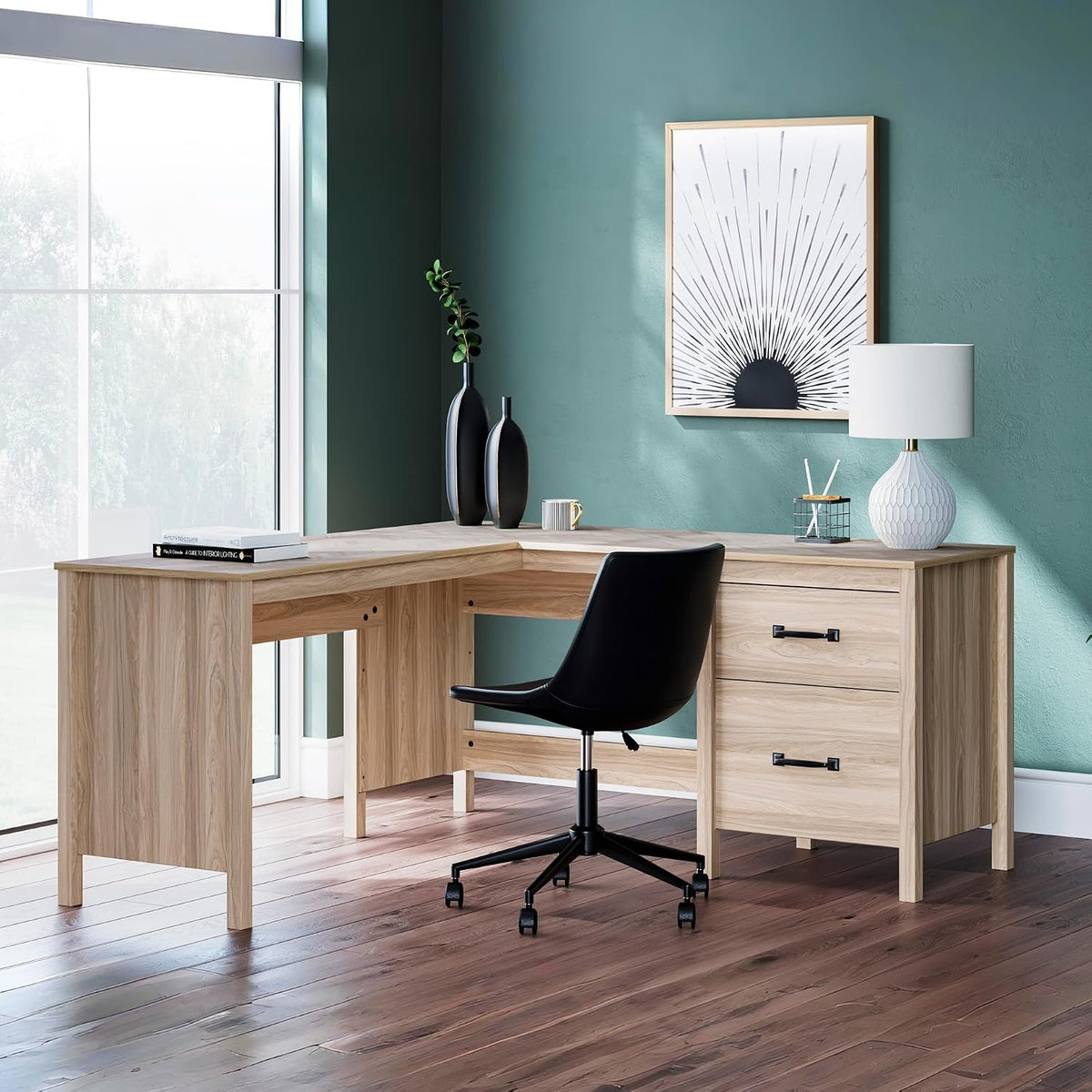 Signature Design by Ashley L-Shaped Home Office Desk with Return, 60" | Space-saving L-shaped corner workstation, Textured chevron engineered wood, Built-in cabinet, Smooth drawer, Battelle Series