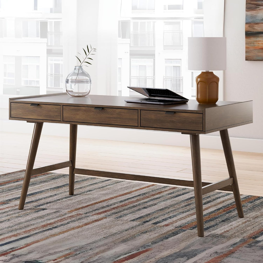 Signature Design by Ashley Lyncott Home Office Desk 60" Midcentury Modern | Mid-century modern office desk, Mango wood veneer, Solid rubberwood legs, 3 dovetail drawers, Integrated cord management