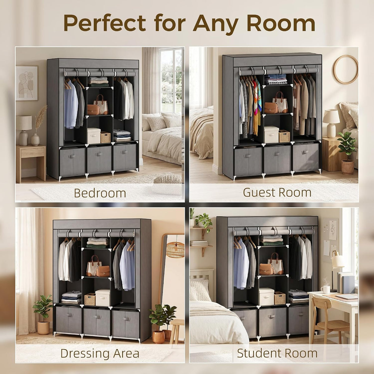 HOMCOM Fabric Wardrobe for Bedroom 5 Shelves 3 Fabric Drawers Dark Grey