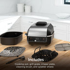 Ninja® Foodi® 6-in-1 Indoor Grill & Air Fryer, 500°F, Black/Silver, EG201 | Cyclonic Grilling, 500°F Surround Searing for char-grilled marks, virtually smoke-free. 6-in-1: Grill, Air Fry, Roast & more.