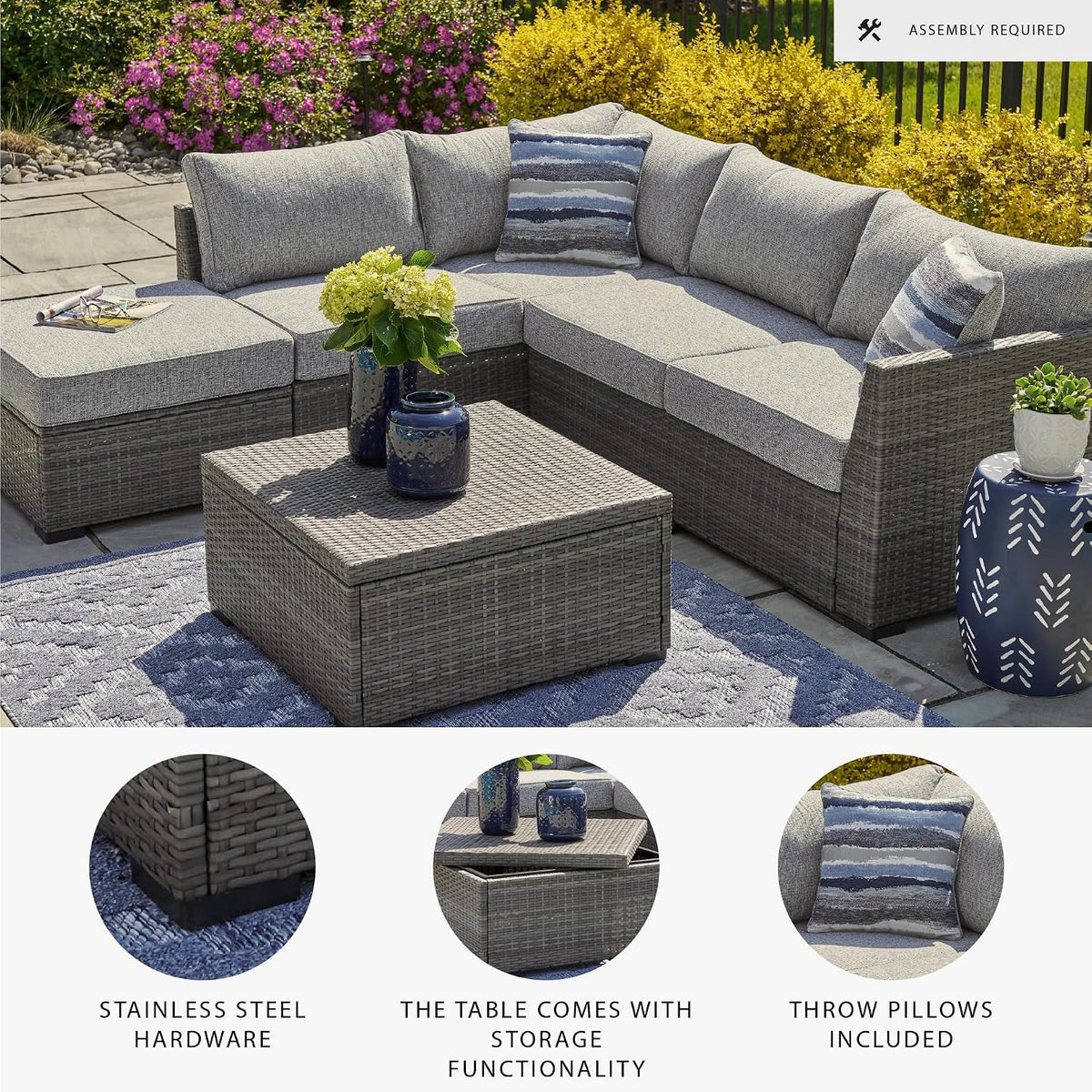 Signature Design by Ashley Petal Road 4-Piece Outdoor Patio Furniture Set, Modular Loveseat Sectional with Storage Table, Rust-Free Aluminum and Resin Wicker, Ideal for Backyard Seating, Gray