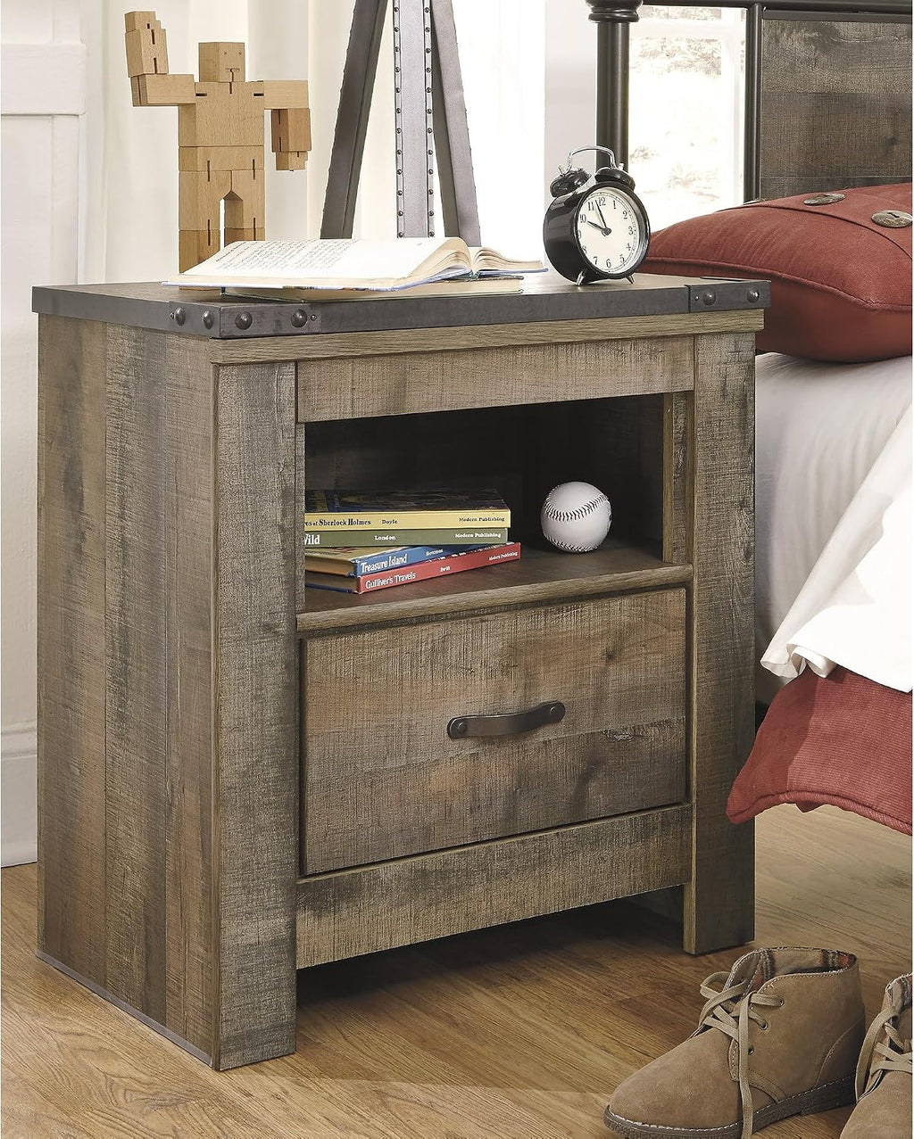 Signature Design by Ashley Trinell Nightstand with Charging Station | Dual USB ports, Engineered wood construction, Open storage cubby, Smooth-operating drawer, Antiqued bronze-tone hardware