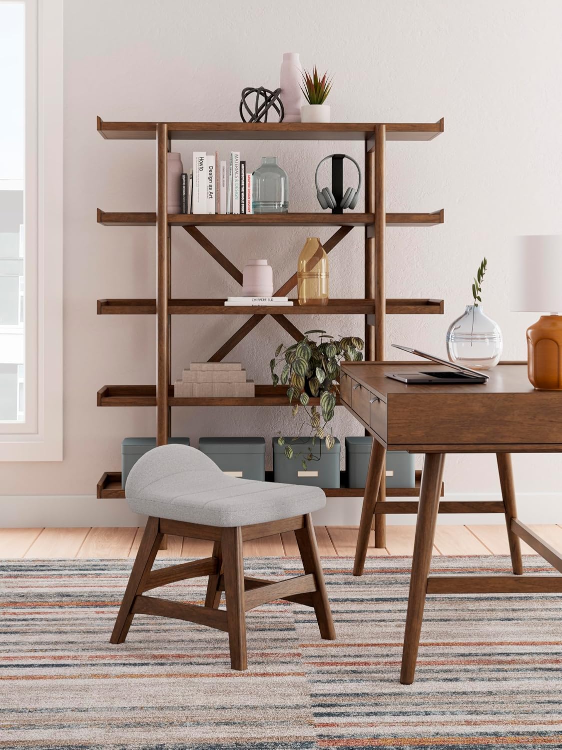 Signature Design by Ashley Lyncott Home Office Desk 60" Midcentury Modern | Mid-century modern office desk, Mango wood veneer, Solid rubberwood legs, 3 dovetail drawers, Integrated cord management