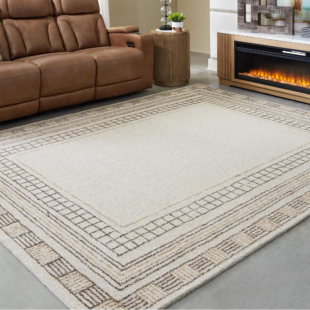 Signature Design by Ashley 8x10 Hand Tufted Wool and Jute Rug, Taupe | Premium 96% wool area rug, 4% jute blend with 10 mm pile, Bordered transitional style for living rooms, Idaman Series