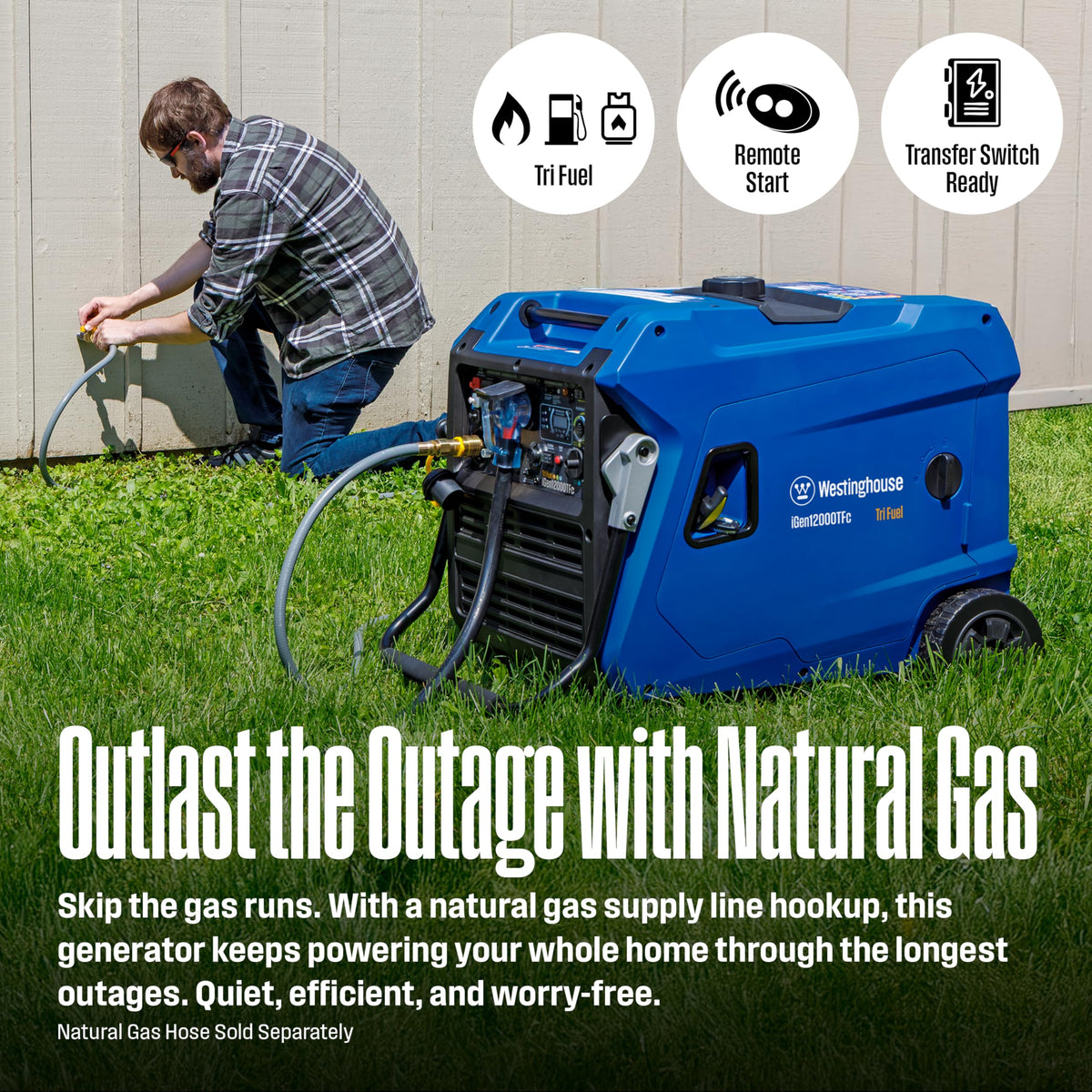 Westinghouse 12000 Peak Watt Dual Fuel Portable Inverter Generator, Remote Electric Start, Transfer Switch Ready, Gas and Propane Powered, Low THD - Safe for Electronics, Parallel Capable, CO Sensor
