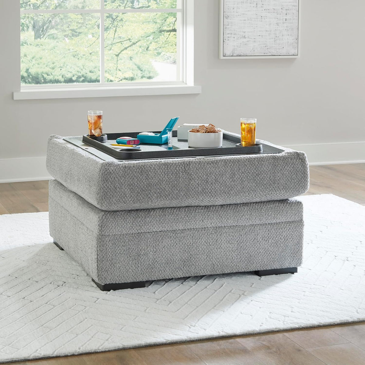 Signature Design by Ashley Square Ottoman with Storage and Cup Holders | Cement gray 100% polyester velvet, No assembly required, Faux wood legs, Casselbury Series