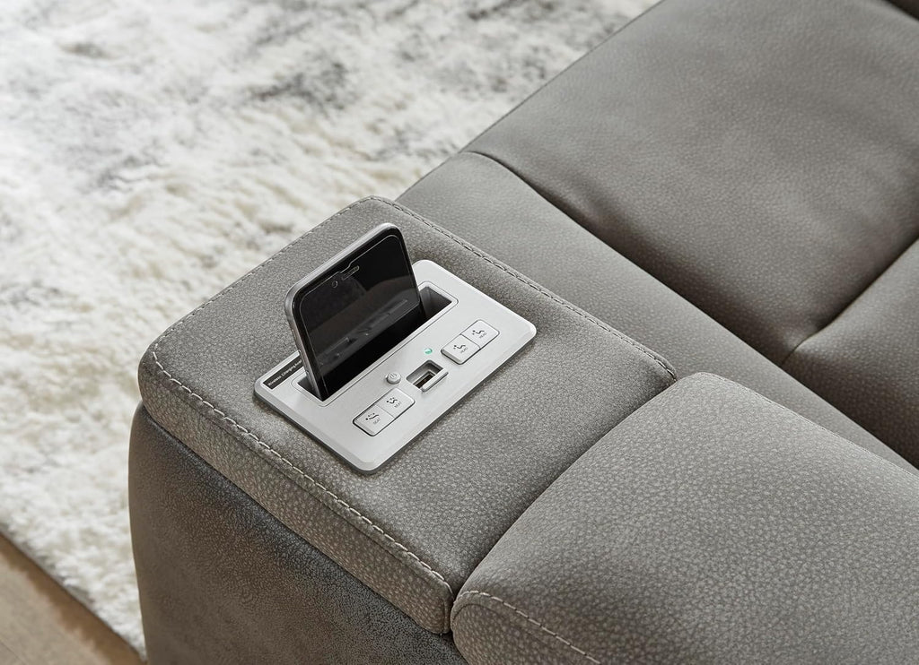 Signature Design by Ashley Power Reclining Loveseat with Console, Gray | Water-resistant faux leather, Zero-gravity recline, Easy View adjustable headrest, Wireless charging, Next-Gen Durapella