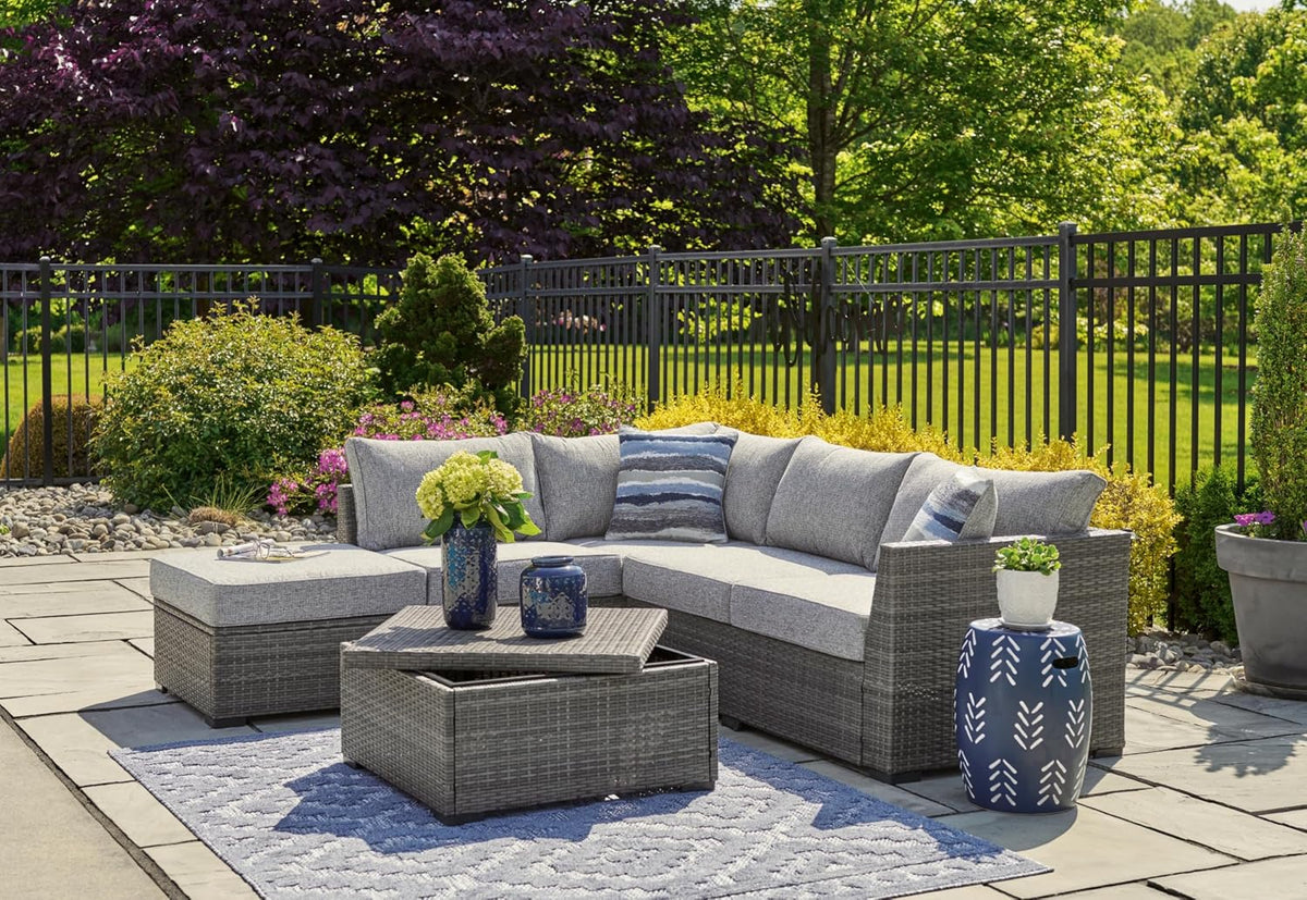 Signature Design by Ashley Petal Road 4-Piece Outdoor Patio Furniture Set, Modular Loveseat Sectional with Storage Table, Rust-Free Aluminum and Resin Wicker, Ideal for Backyard Seating, Gray