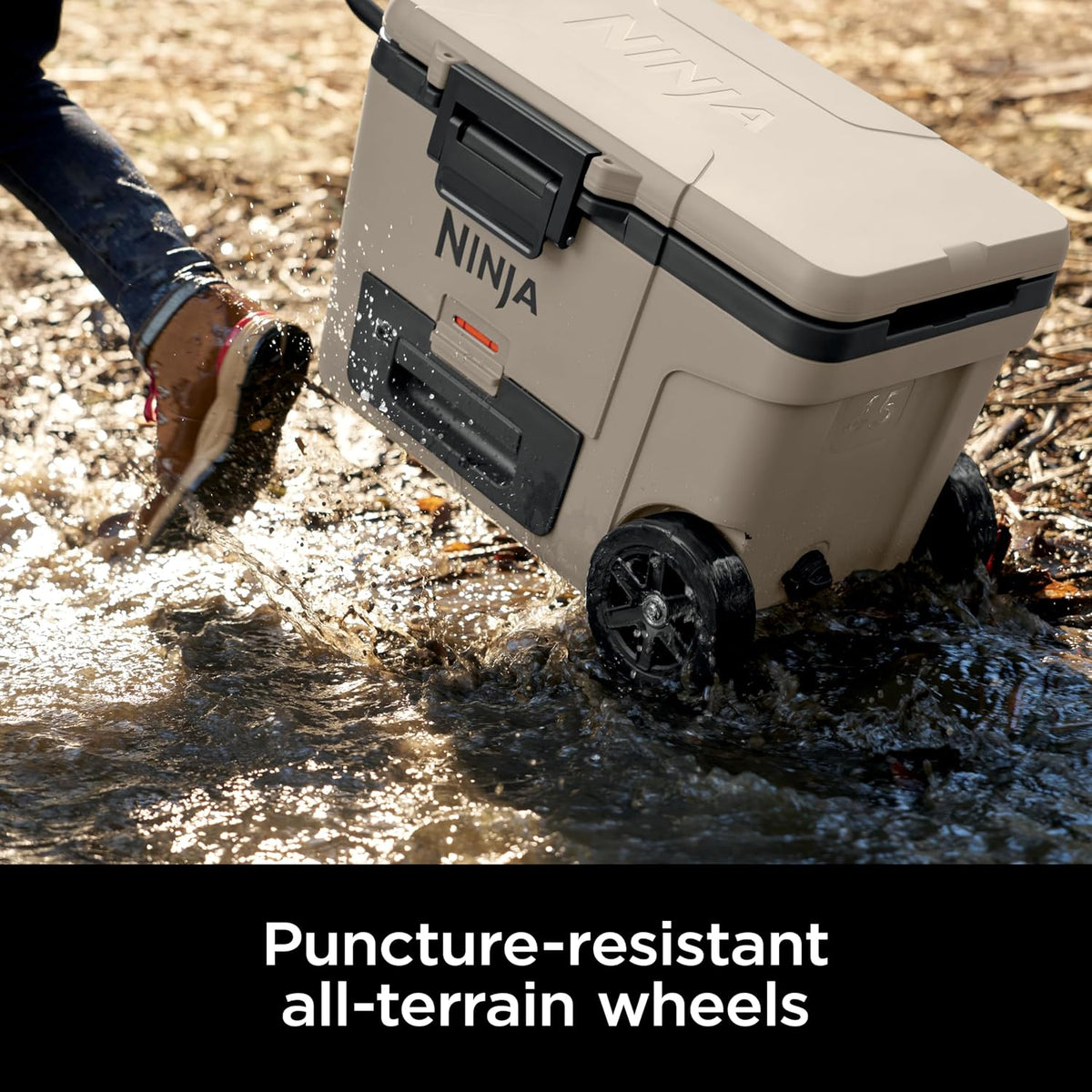 Ninja FrostVault™ 65qt Cooler with Wheels, Dry Storage Drawer, Birch Beige | Ninja FrostVault's 65-qt capacity holds 97 cans, keeps food cool & dry, and rolls easily on all-terrain wheels