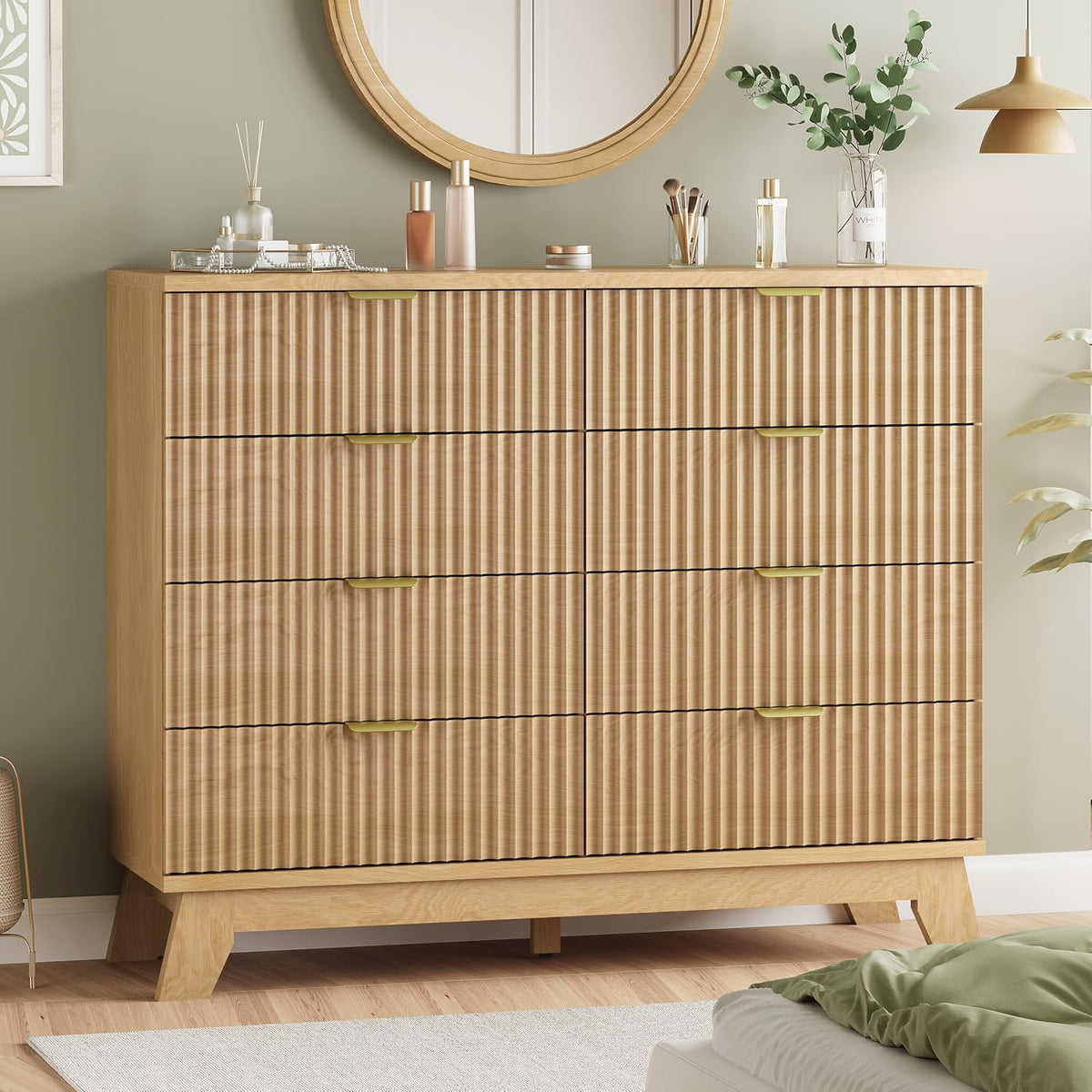 Xixini Fluted Dresser for Bedroom with 9 Drawers, 57" Wide Modern Chest of Drawers with Metal Handle, Wooden Dresser TV Stand, Wood Closet Clothes Storage Organizer for Living Room, Hallway, Walnut