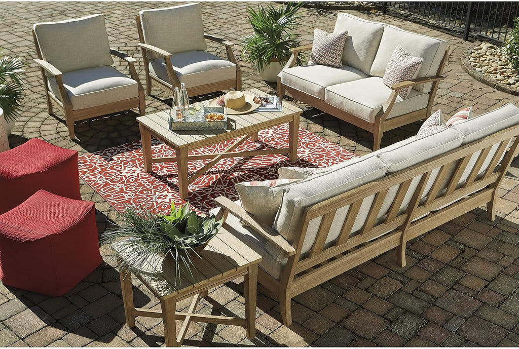 Signature Design by Ashley Clare View 1-Piece Eucalyptus Outdoor Sofa | Weather-shielded 5-step eucalyptus finish, Stain-resistant Nuvella fabric, Deep-seated 3-person frame with 4 accent pillows