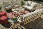 Signature Design by Ashley Clare View 1-Piece Eucalyptus Outdoor Sofa | Weather-shielded 5-step eucalyptus finish, Stain-resistant Nuvella fabric, Deep-seated 3-person frame with 4 accent pillows