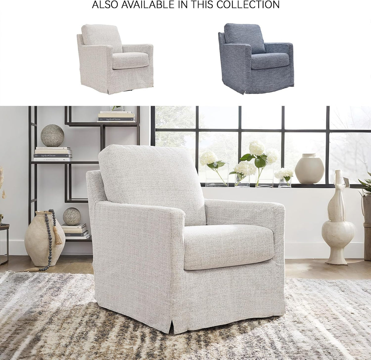 Signature Design by Ashley Nenana Swivel Glider Accent Chair, Stone Beige | Next-Gen Nuvella fabric, Machine-washable covers, 360-degree metal swivel base with gentle gliding motion