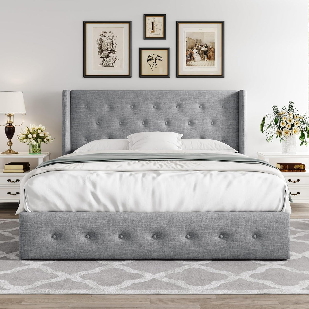 Allewie Queen Size Lift Up Storage Button-Tufted Bed Frame Light Grey