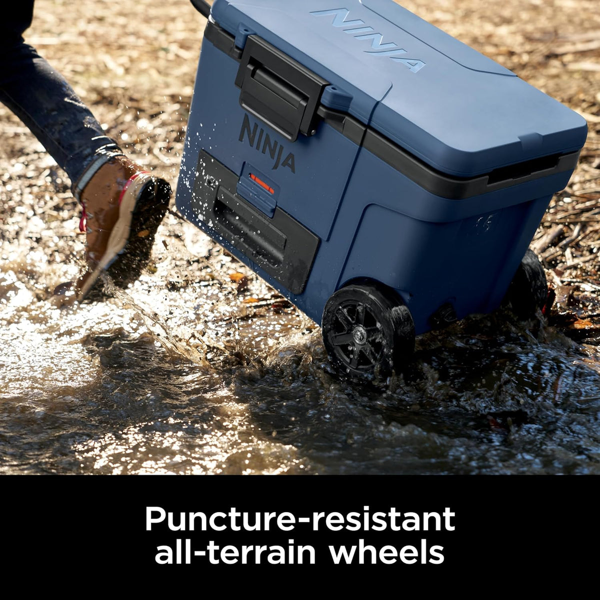 Ninja FrostVault™ 45qt Cooler with Wheels, Dry Storage, Lakeshore Blue | Ninja FrostVault's 45-qt capacity holds 68 cans, keeps food cool & dry, and rolls easily on all-terrain wheels