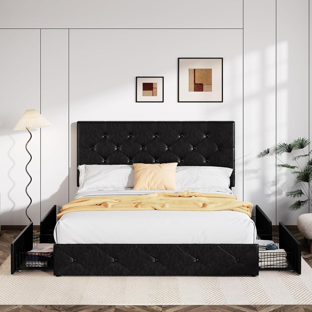 Allewie Queen Size Storage Bed Frame with 4 Underbed Drawers, Upholstered Platform Bed with Adjustable Headboard, Diamond Button Tufted, Easy Assembly, Noise-Free, No Box Spring Needed, Black