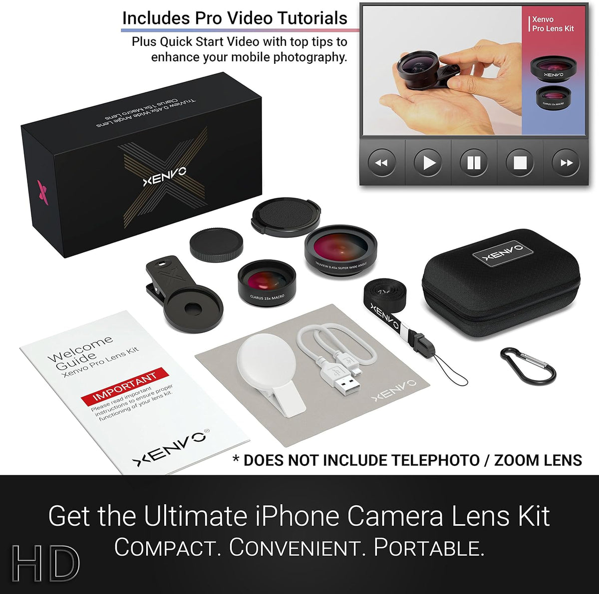 Xenvo Pro Lens Kit for iPhone and Android, Macro and Wide Angle Lens with LED Light and Travel Case Black