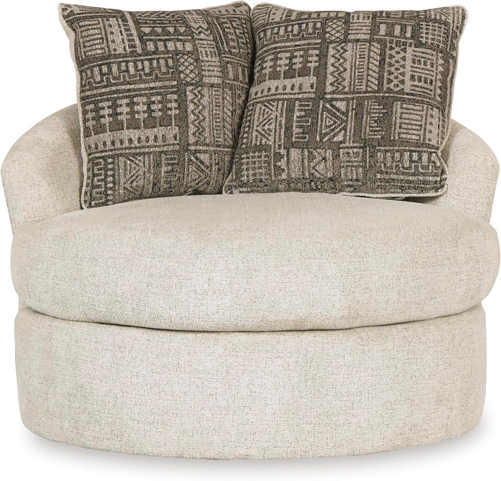 Signature Design by Ashley Soletren Oversized Swivel Accent Chair, Stone | Cozy 100% polyester chenille, Smooth 360-degree swivel base, Includes 2 geometric throw pillows