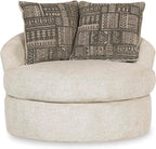Signature Design by Ashley Soletren Oversized Swivel Accent Chair, Stone | Cozy 100% polyester chenille, Smooth 360-degree swivel base, Includes 2 geometric throw pillows
