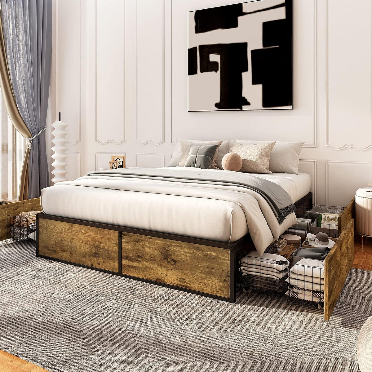 Allewie Industrial Storage Bed with 4 Large Drawers, Queen