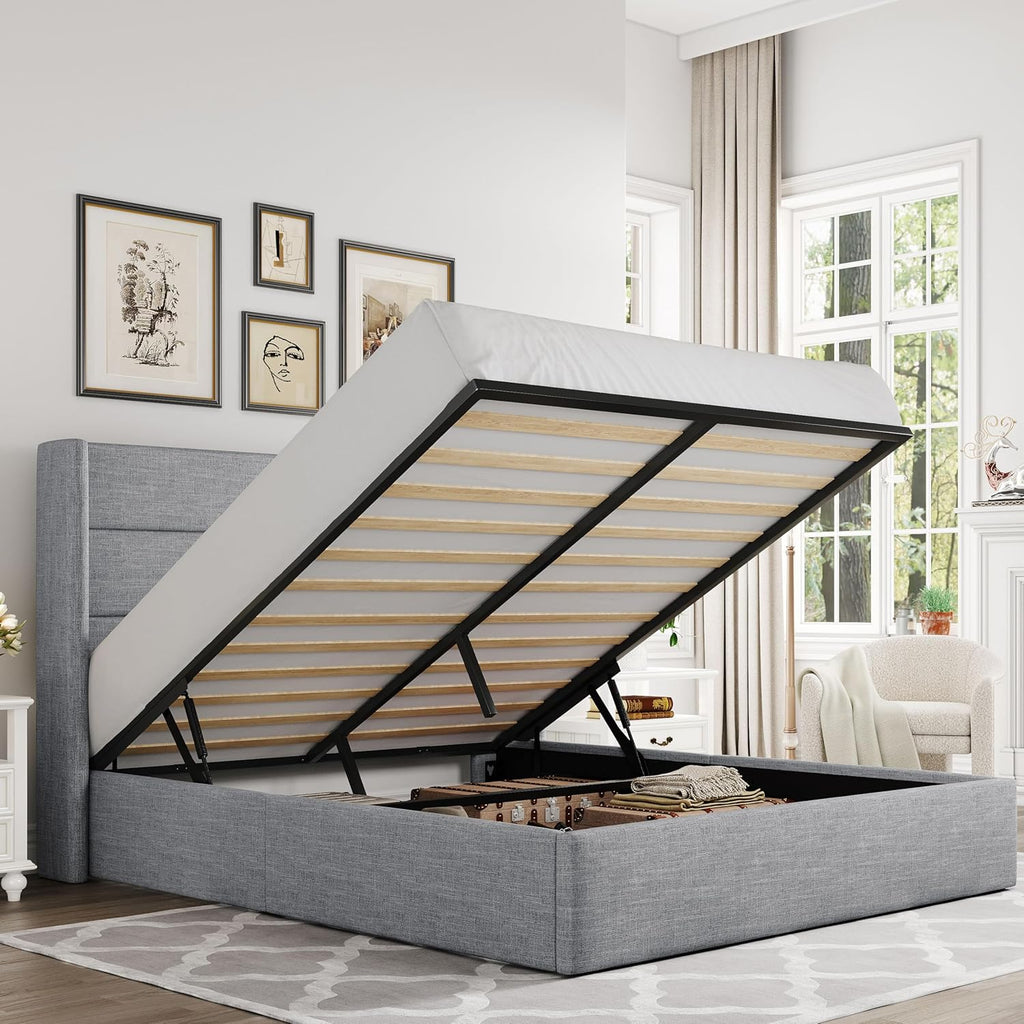 Allewie Queen Size Lift Up Hydraulic Storage Bed Frame Light Grey