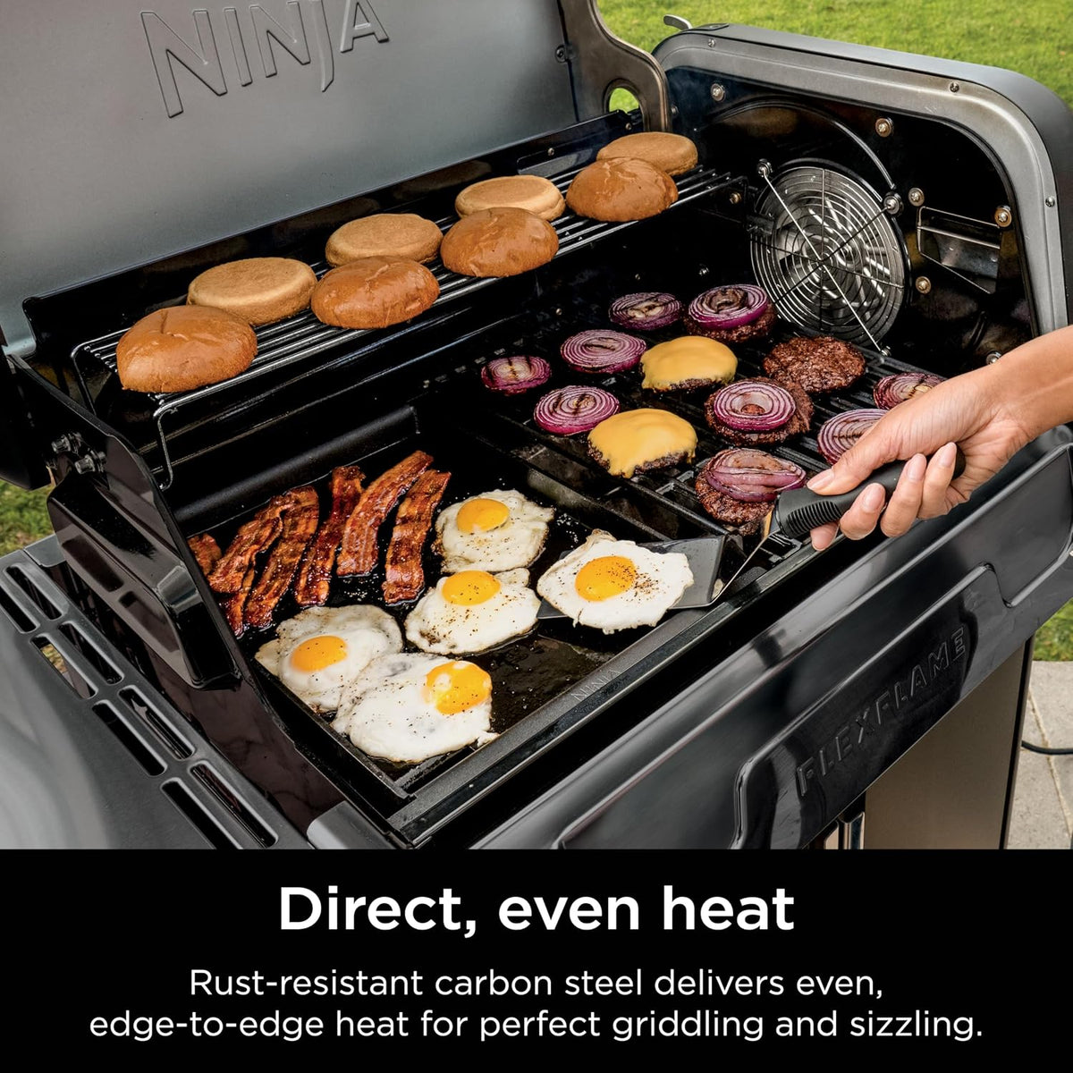 Ninja FlexFlame Half-Size Griddle with Grease Drain, XSKHLFGRIDLE | Rust-Resistant, Carbon Steel, Grill and griddle at once, fitting 6 smash burgers or 8 eggs.